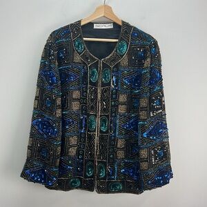 Vintage Scala Beaded Evening Jacket Black Blue Jewel Tones Embellished Silk 2X